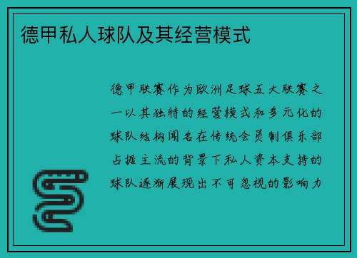 德甲私人球队及其经营模式