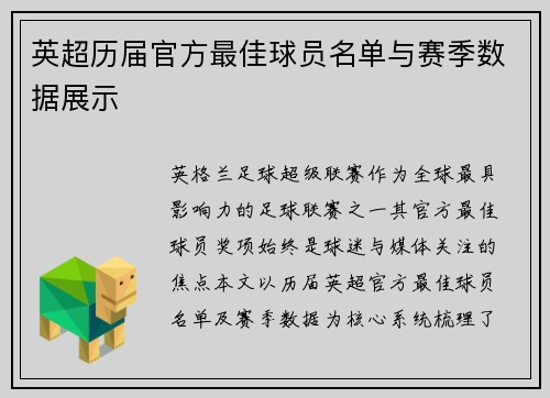 英超历届官方最佳球员名单与赛季数据展示